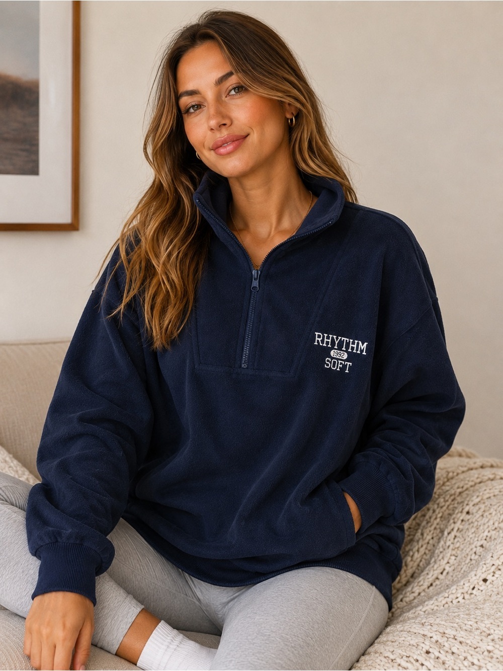 DAZY Rhythm Soft Navy Blue Quarter Zip Fleece Pullover